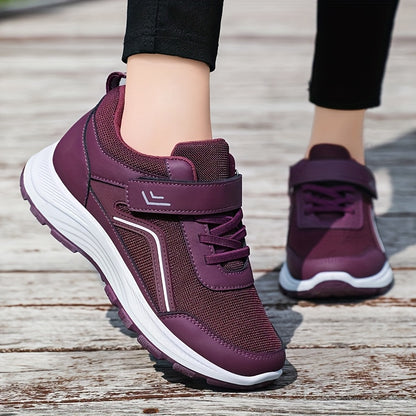 Women's Breathable Mesh Sneakers - Maroon Low-Top Casual Sneakers with Adjustable Hook-and-loop Fastener Strap & Laces, Comfortable Fabric Insole, All-Season Round Toe Design, Breathable Footwear | Stylish Mesh Sneakers | Adj