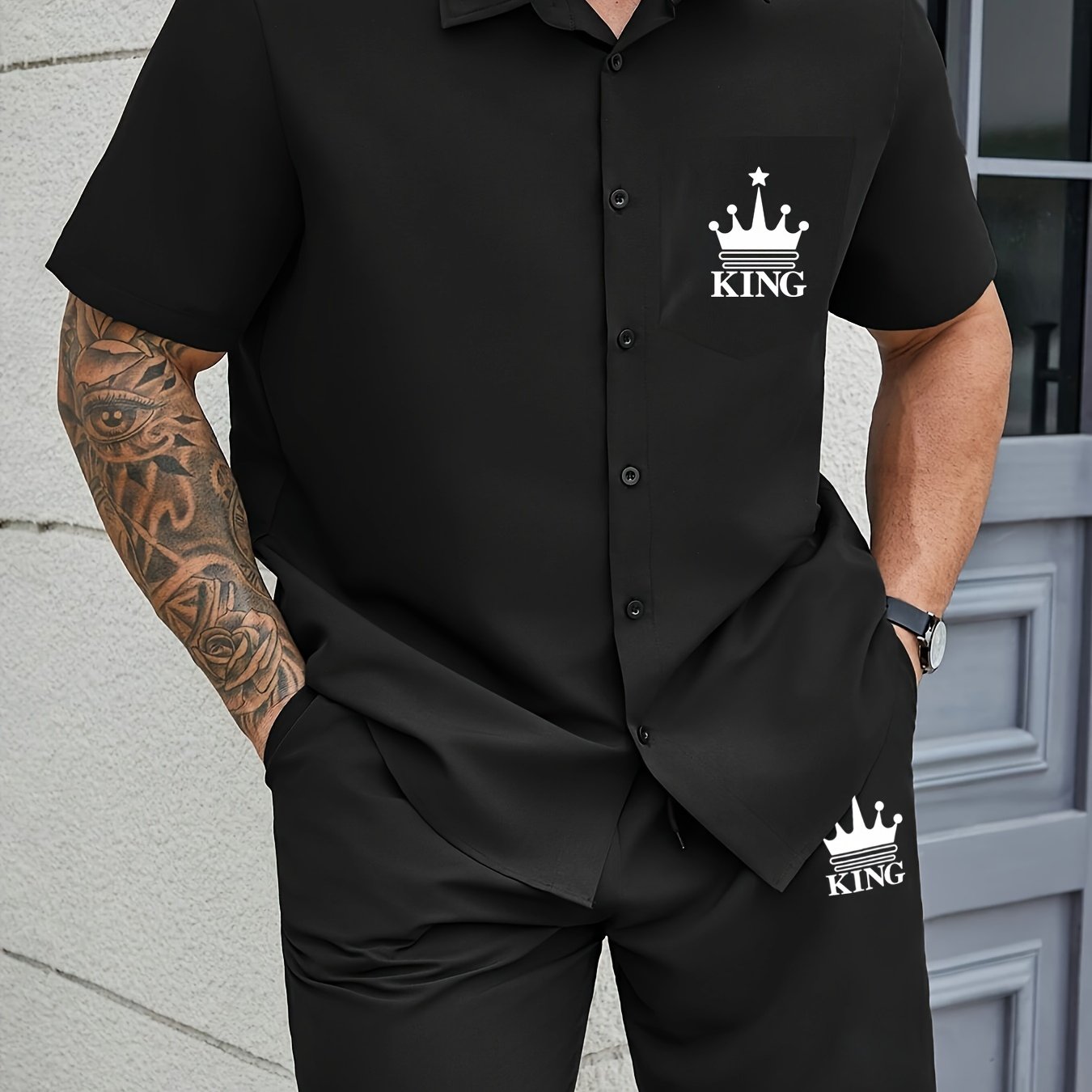 Men's Casual Short Sleeve Collar Shorts Printed Fashion Suit