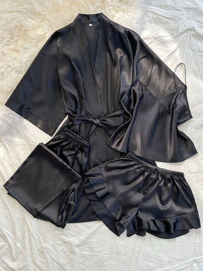 Women'S All-Season V-Neck Pajama Set - Comfortable, Sexy, Polyester 4pcs Sleepwear with Tie Waist And Drawstring Shorts, Perfect for Autumn And Winter, Autumn Winter Sleepwear | Stylish Sleepwear | Polyester Fabric