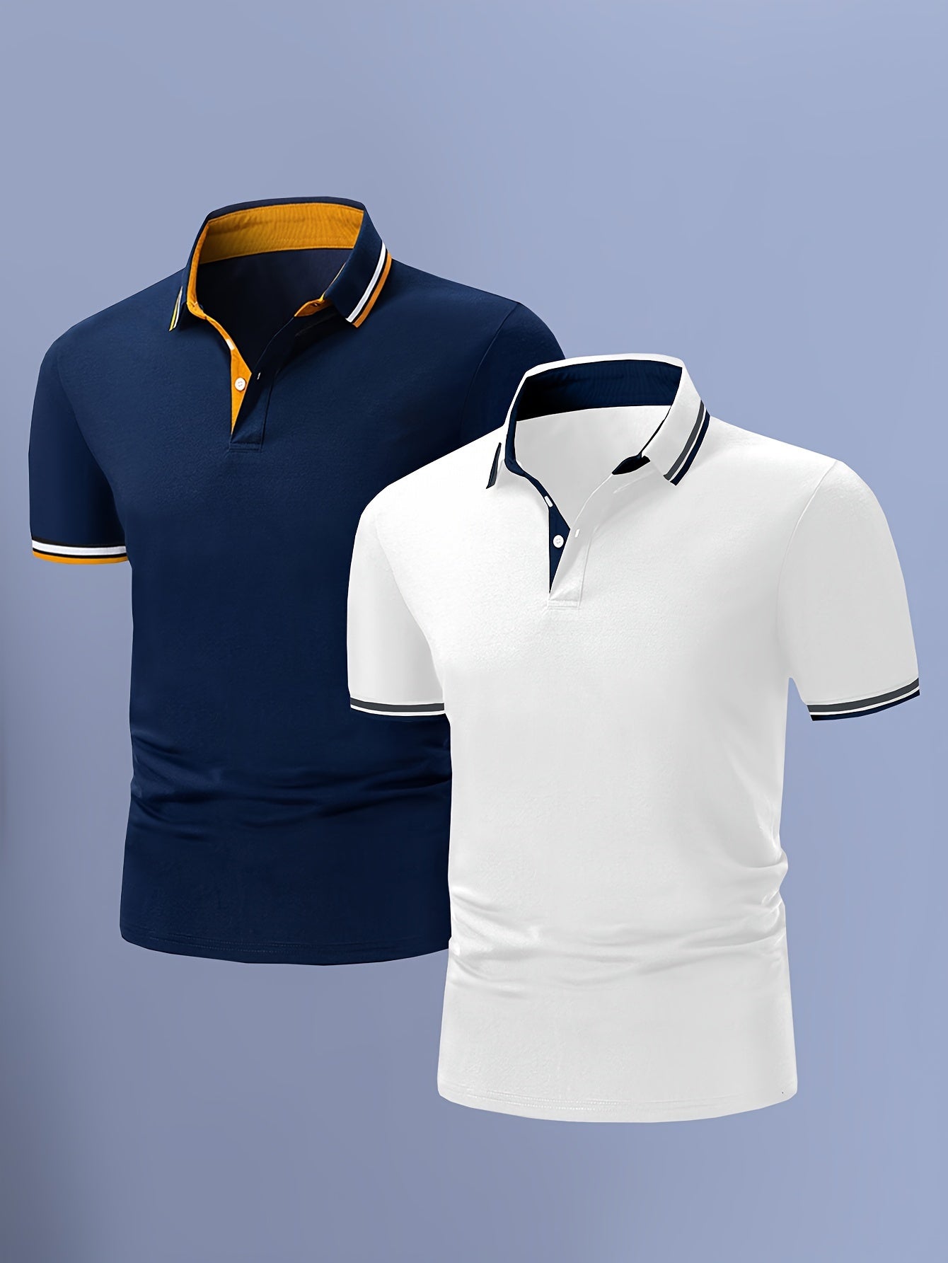 2pcs Men's Short-Sleeve Shirts with Contrast Collars - Lightweight Polyester, Pastel Blue & Pink, Turn- Collar, Button Closure, Regular Fit, Casual & Business-Casual Wear, Ideal for Summer or Gifting, Short Sleeve Tops