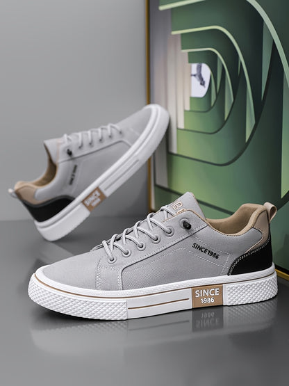 Men's Casual Low-Top Sneakers - Breathable Fabric & Durable PVC Sole, Black & Beige Contrast Design, Lace-Up Round Toe for All-Season Comfort, Versatile for Casual & Semi-Formal Wear, Comfortable Footwear, Fabric Upper