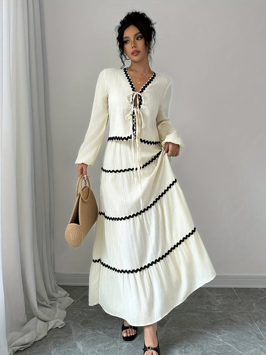 Women's Elegant French Style Lantern Sleeve Ruffle Hem Bow Dress and Skirt Set