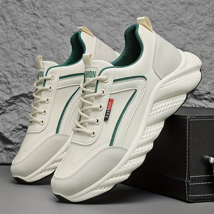 Men's Retro Sneakers - White & Green Accent Lace-Up Shoes, Cushioned PVC Sole for All-Day Comfort, Low-Top Sneakers for Gym, Office, Casual Attire - Model HX-7, Gym Footwear, Sleek Casual Style, Fabric Upper, Durable Traction