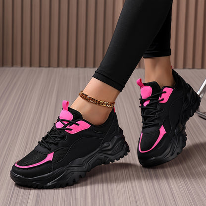 Women's Lightweight Chunky Sneakers - Versatile Korean Style Dad Shoes with Thick Sole, Breathable Mesh Upper, Casual Lace-Up Athletic Footwear in White, Green/White, and Black/Pink