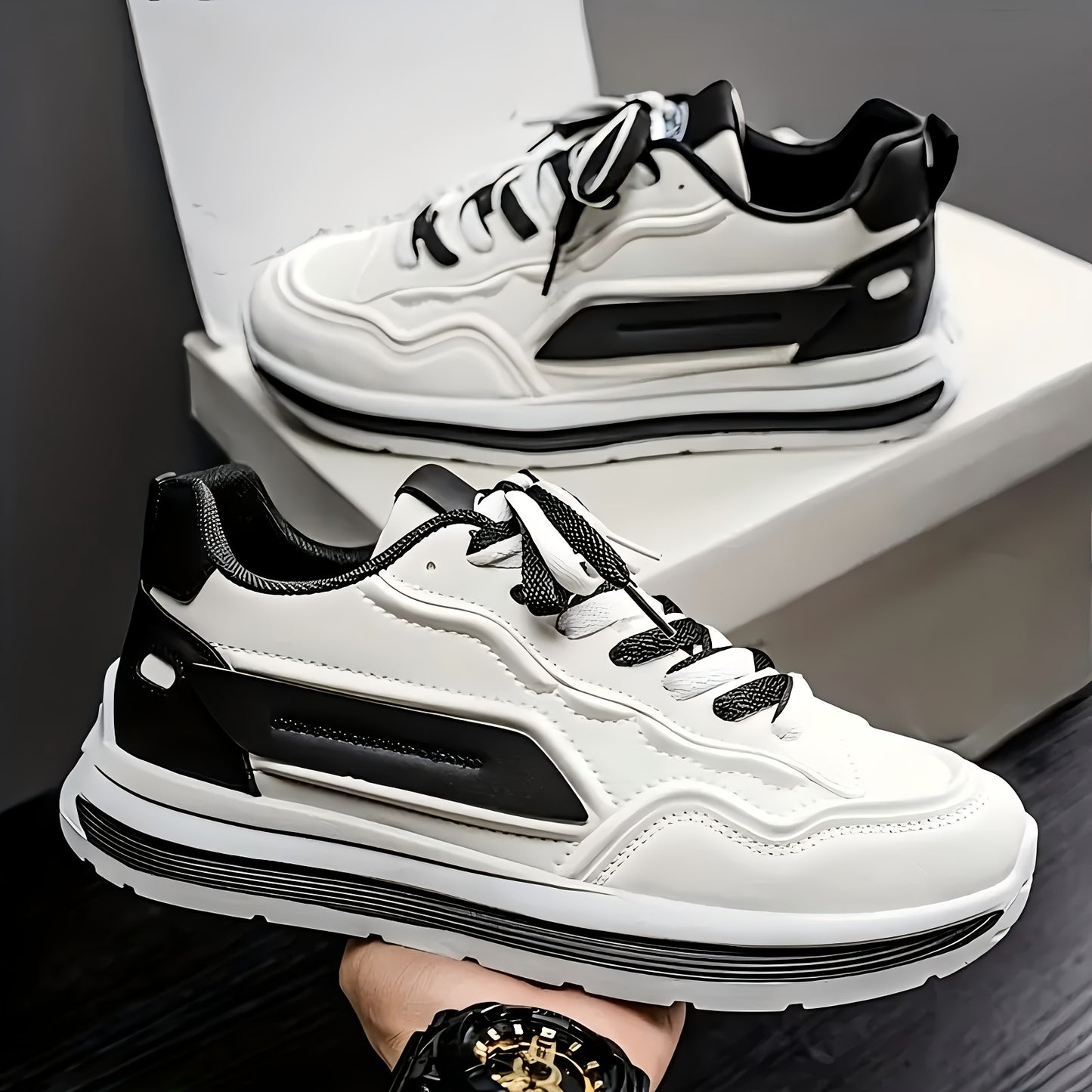 Men's Breathable Casual Sneakers - Trendy Low-Top Lace-Up Sneakers with Soft Rubber Sole, White & Black Design for Spring/Summer, Perfect for Running and Casual Attire, Versatile Running Footwear | Sporty Aesthetic Shoes | Co