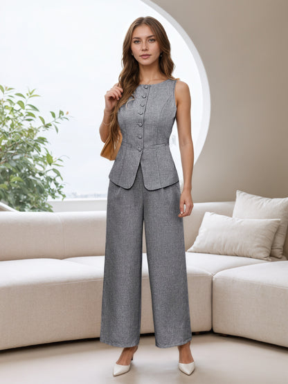 Women'S Elegant Beige Two-Piece Suit with V-Neck, Sleeveless Blazer & Wide-Leg Pants - Breathable Polyester, Button-Up Design, Perfect for Office or Casual Wear, Spring/Summer Collection, Casual Attire|Sophisticated Style|Pol