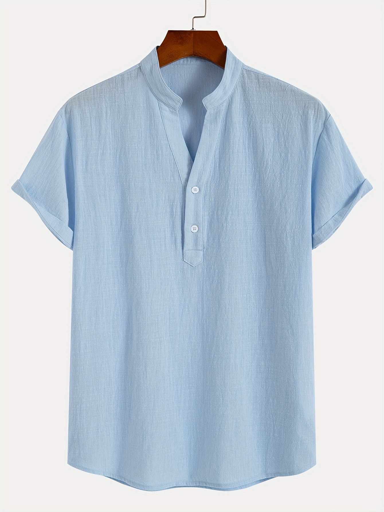 Men'S Classic Solid Color Pure Cotton And Bamboo Textured Breathable Fabric V-Neck Half-Button Design Suitable for Daily Casual Wear, Simple And Versatile, Stylish for Vacations, Hawaiian Style Light Blue Short-Sleeve Shirt.