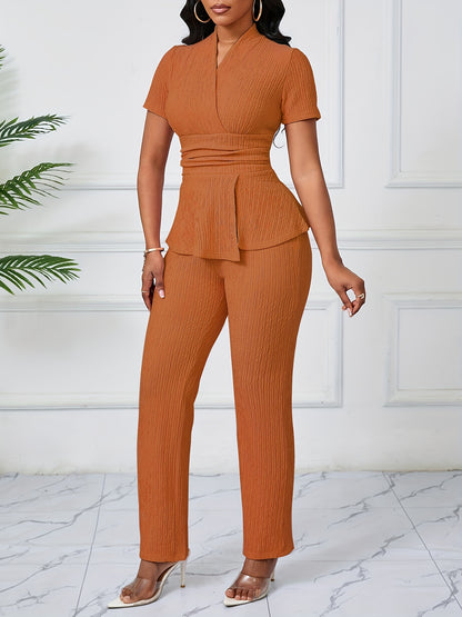 Women's Elegant Casual Solid Color Textured Pants Set