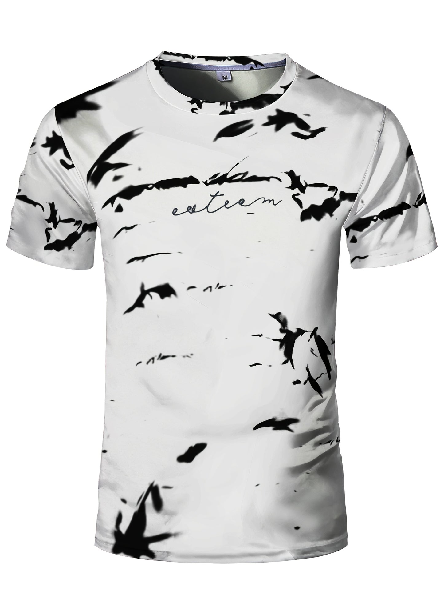 Men's High-Elasticity Anti-Tear Graffiti T-Shirt - Black & White Geometric Print, Tight-Fit Athletic Top for Gym, Running, Yoga & Casual Summer Wear, Gym Clothes, Highelastic Polyester, Short Sleeve Design