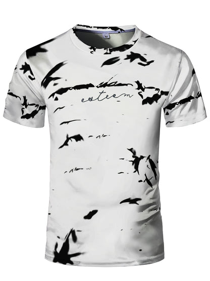 Men's High-Elasticity Anti-Tear Graffiti T-Shirt - Black & White Geometric Print, Tight-Fit Athletic Top for Gym, Running, Yoga & Casual Summer Wear, Gym Clothes, Highelastic Polyester, Short Sleeve Design