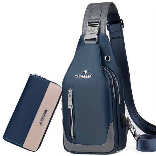 TMOOS Anti-Theft Crossbody Bag for Men - Secure Zipper Closure, Adjustable Strap, Compact Chest Pack - USB Charging Port, Front Zipper Pocket - Anti-Theft Backpack for Travel, Commute, Everyday Use - Navy Blue