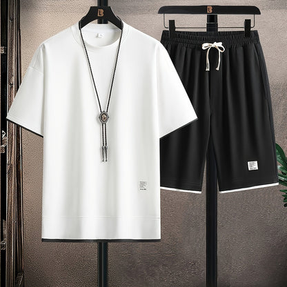 Waffle Grid Men's Trendy Round Neck T-shirt Breathable Casual Sports Suit Loose Two-Piece Set