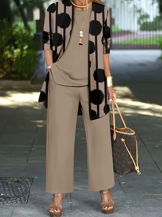 Women'S 3pcs Set, Polka Dot Print Cardigan & Solid Color Vest Casual Pants Daily Outfit