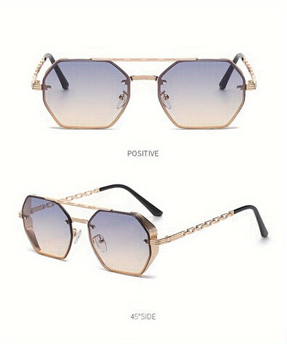 1pc Stylish Polygonal Golden Frame Fashion Glasses with Chain Link Design - Black Metal Fashion Glasses for Fashion-Forward Look