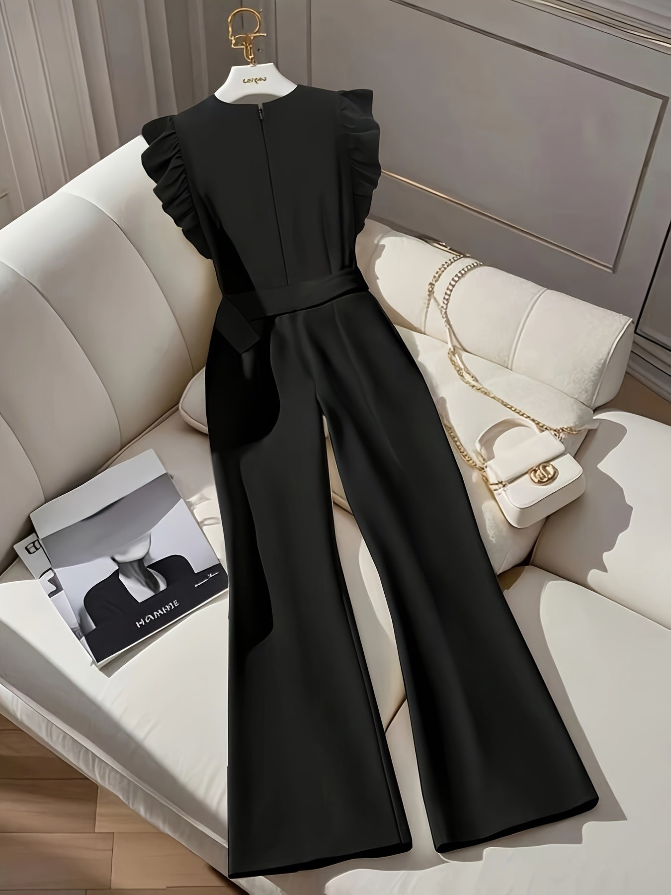 Women'S Sleeveless Ruffle Trim Jumpsuit with Belt - Elegant Waist-Cinching Wide-Leg Design, Black Solid Color for Autumn Commute & Casual Gatherings, Versatile Layering Piece, Autumn Attire, Sophisticated Style, Quality Craft