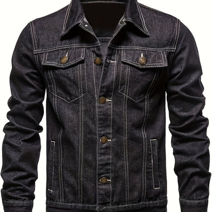 Men's Slim-Fit Denim Jacket - Casual Cotton Blend, Long Sleeve with Pockets, Machine Washable