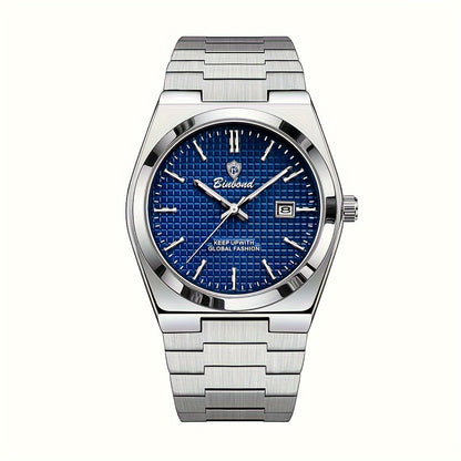 BINBOND Men's Elegant Quartz Watch, Blue/Green Checkered Dial, Glow-in-the-Dark Hands, Durable Steel Band, Waterproof, Date Display, Casual Style, Perfect for Daily Wear and Gift