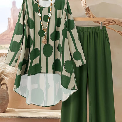 Plus Size, Women's Plus Size Printed Elegant Loose Long Sleeve Top and Pants Set