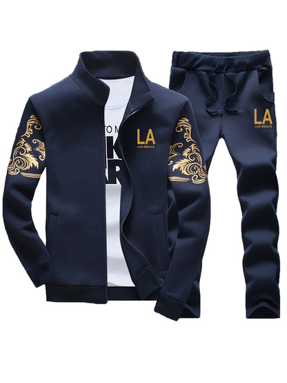 Men's Casual 2-Piece Outfit, Stylish Printed Full Zip Jacket & Drawstring Pants, Casual Sportswear Suit