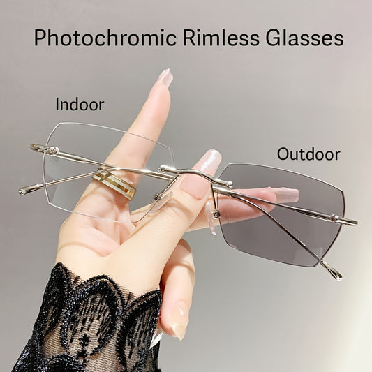 1pc Rimless Square Photochromic Glasses - Elegant & Lightweight, Color-Changing Lenses for Indoor/ Use, Ideal for Daily Wear, School, Business, & Special Occasions, Non-Prescription, Perfect Gift