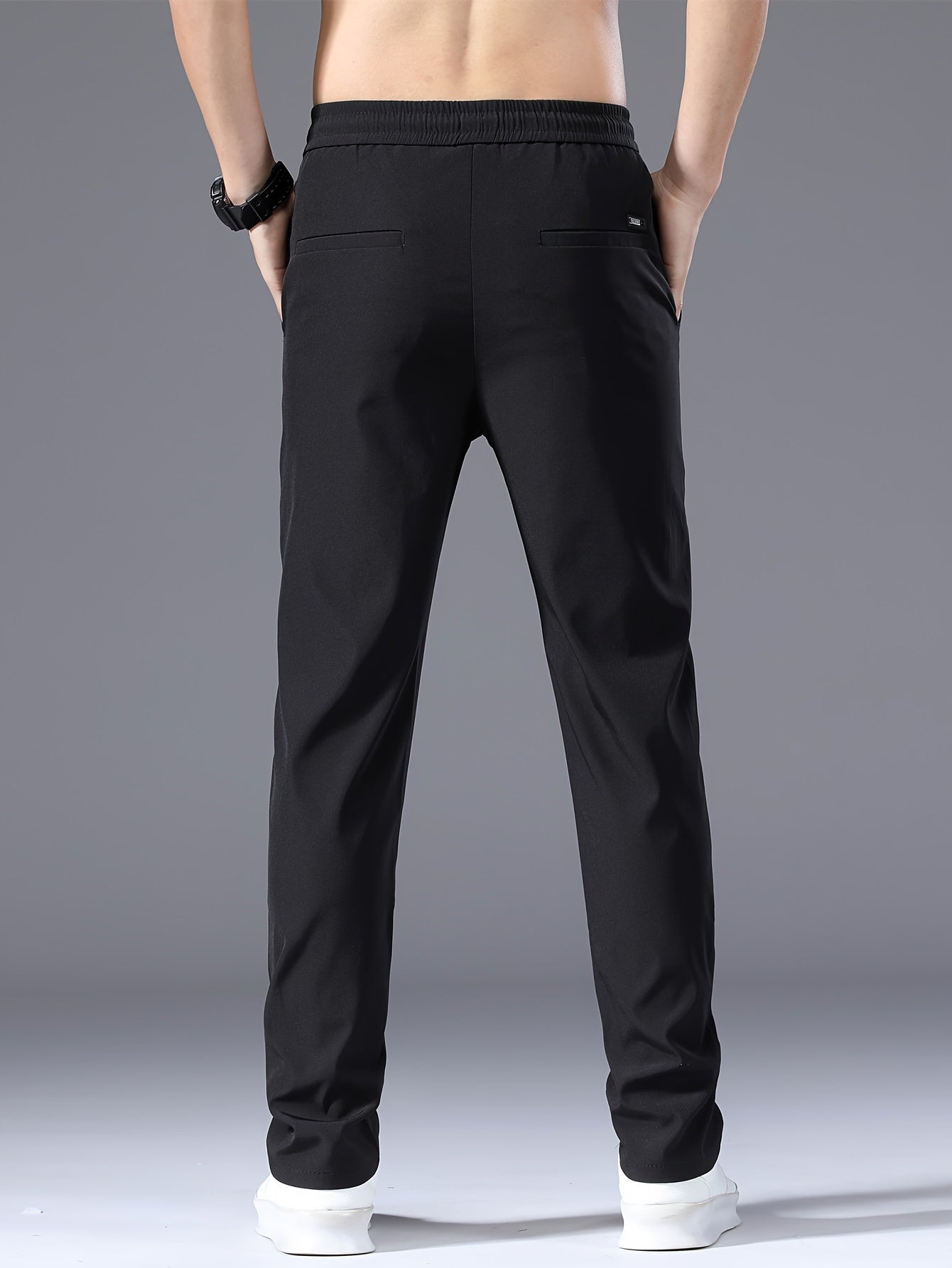 Men's Summer Casual Pants - Lightweight Stretch Nylon, Elastic Drawstring Waist, Straight Fit, Solid Black Trousers for Casual Attire, Adjustable Comfort Pants|Relaxed Look|Glossy Finish
