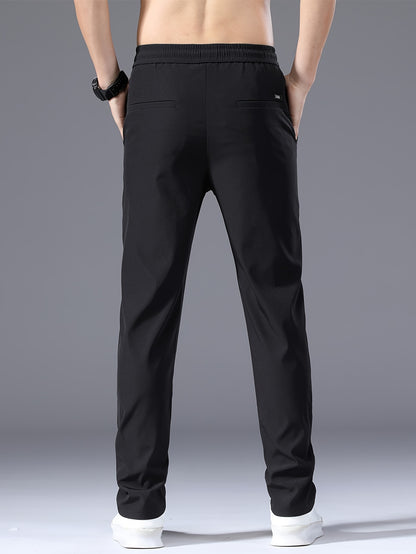 Men's Summer Casual Pants - Lightweight Stretch Nylon, Elastic Drawstring Waist, Straight Fit, Solid Black Trousers for Casual Attire, Adjustable Comfort Pants|Relaxed Look|Glossy Finish