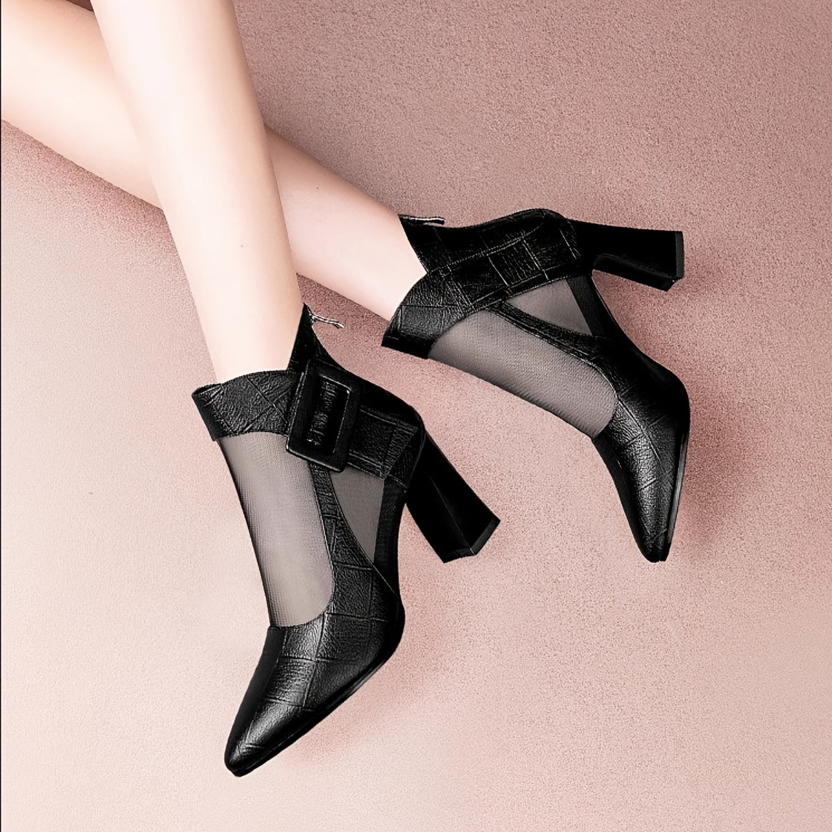 Women'S Pointed Toe Chunky Heel Pumps - Breathable Mesh Back Zipper Closure, Synthetic Cover Upper & Rubber Sole, Black Summer Casual Formal Dress Shoes for Office, Weddings, Parties, High Heel Boots, Wedding Guest Shoes, Cri