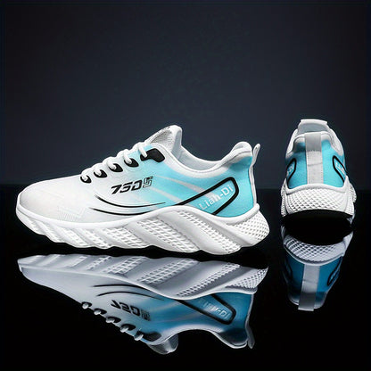 Men's Lightweight Sneakers - Non-Slip PVC Sole, Cushioned EVA Insole - White/Blue Accent Low-Top Sneakers for Gym, Running, Everyday - All-Season Lace-Up Athletic Footwear - Model HX-3, Sports Activities, Sporty Design, Secur