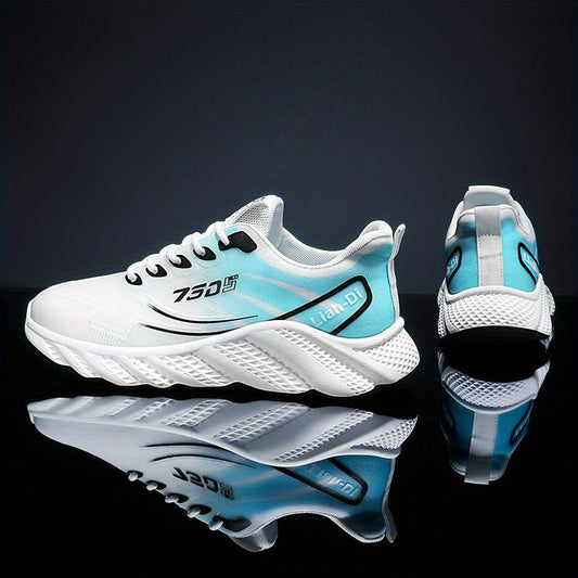 Men's Lightweight Sneakers - Non-Slip PVC Sole, Cushioned EVA Insole - White/Blue Accent Low-Top Sneakers for Gym, Running, Everyday - All-Season Lace-Up Athletic Footwear - Model HX-3, Sports Activities, Sporty Design, Secur