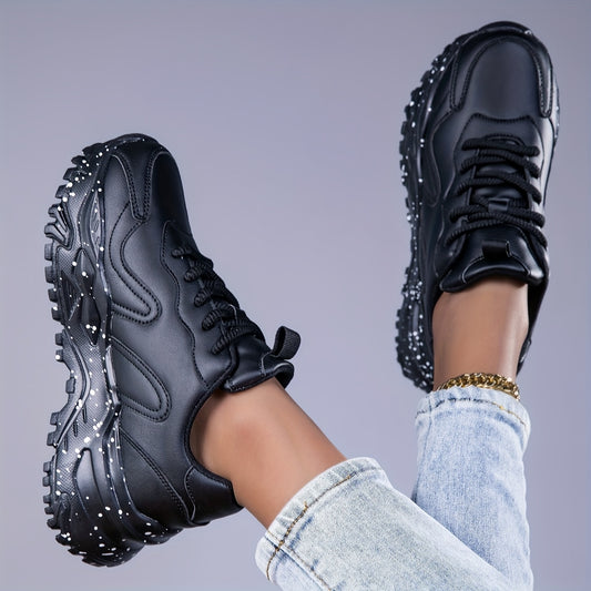 Women's Black Chunky Sneakers - Anti-Slip, Durable Casual Dad Shoes with Glossy Finish & Star Pattern, Lace-Up Low Tops for All Seasons, Allseason Sneakers | Chunky Sole Sneakers | Comfortable Fabric Lining