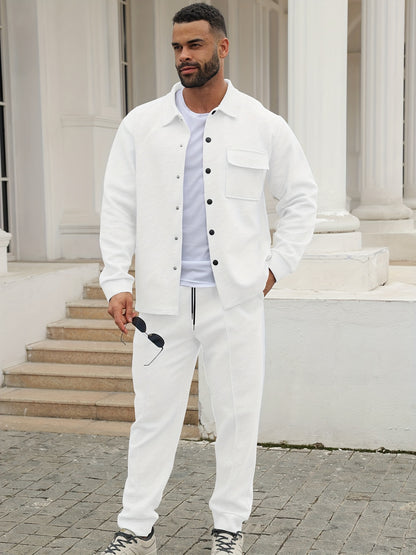 Men's Casual Sportswear Set - Long Sleeve Button-Up Shirt & Joggers, Stretch Fabric, Spring/Fall Collection