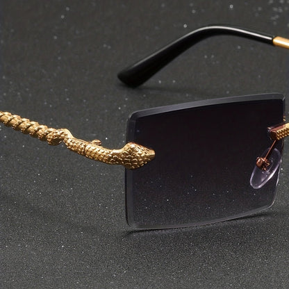 Vintage Style Square Rimless Glasses with Snake Design, Zinc Alloy Frame, Black Lenses, ENSARJOE