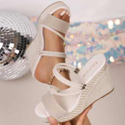 Women'S Black Wedge Sandals with Metallic Accents & Cut-Out Design - Open-Toe Platform Heel, Faux Cover Summer Shoes for Casual & Party Wear, High Heel Sandals, Evening Wear, Stylish Wedge, Durable Footwear