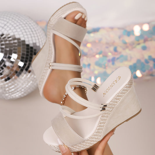 Women'S Black Wedge Sandals with Metallic Accents & Cut-Out Design - Open-Toe Platform Heel, Faux Cover Summer Shoes for Casual & Party Wear, High Heel Sandals, Evening Wear, Stylish Wedge, Durable Footwear