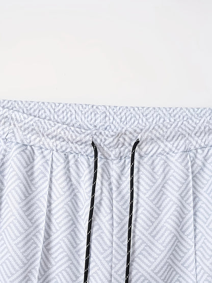 Men'S Tropical Print Casual Suit - Black Short Sleeve Zipper Shirt with White Pockets Shorts, Polyester, Machine Washable, Summer Beachwear, Summer Wear | Relaxed Fit Shirt | Woven Texture