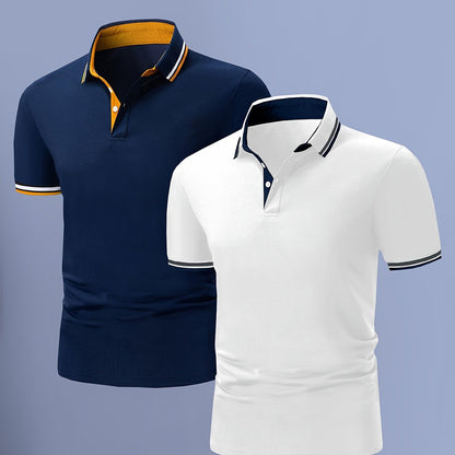 2pcs Men's Short-Sleeve Shirts with Contrast Collars - Lightweight Polyester, Pastel Blue & Pink, Turn- Collar, Button Closure, Regular Fit, Casual & Business-Casual Wear, Ideal for Summer or Gifting, Short Sleeve Tops