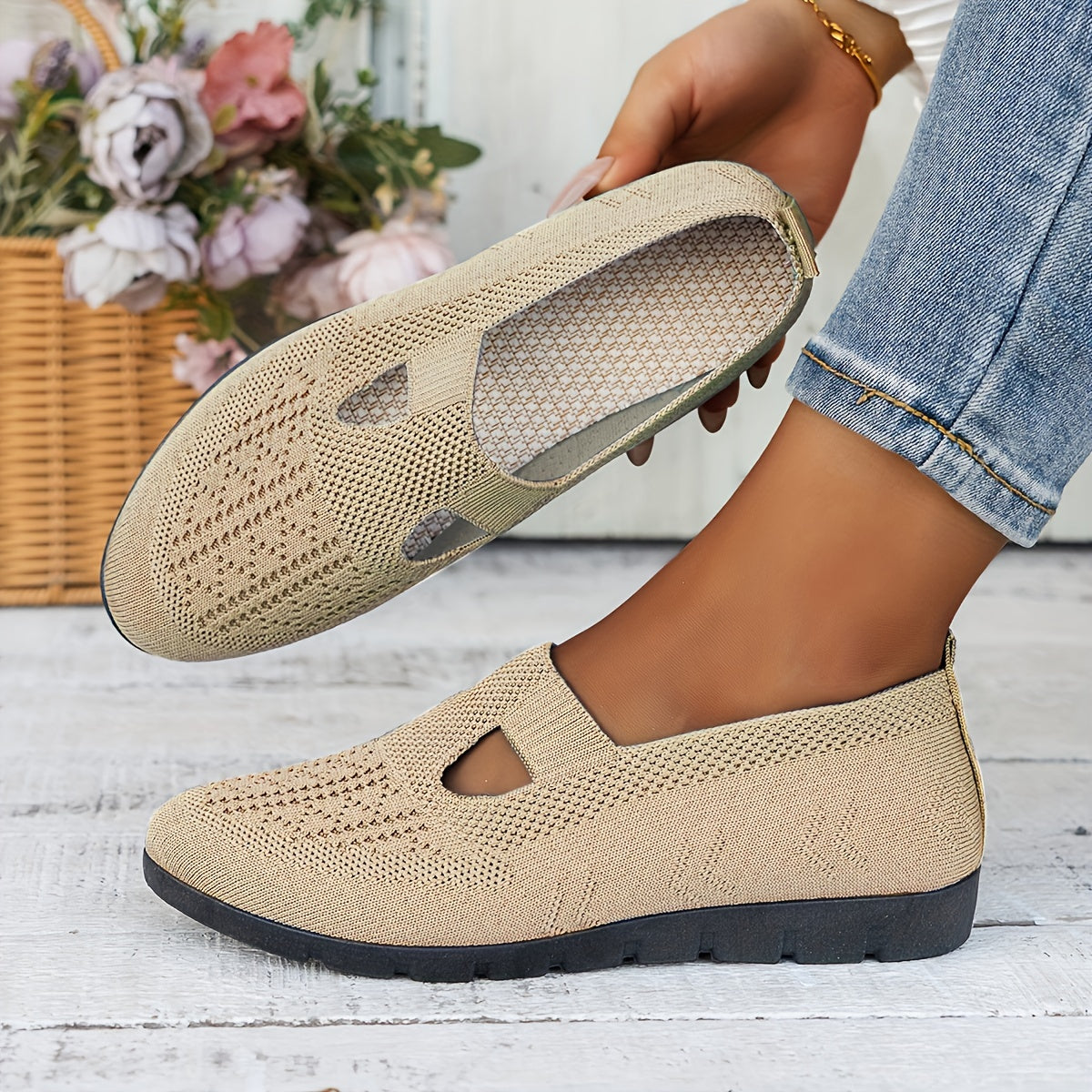 Women's Breathable Slip-On Fashion Sneakers - Comfortable Flat Casual Shoes with Rubber Sole, Fabric Insole, Low Top Design, All-Season Wearability, Solid Color