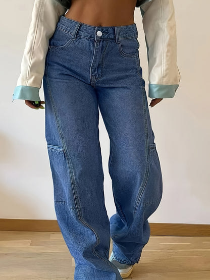 Chic Plus Size կանացի ուղիղ ջինսեր կողային գրպաններով - Comfort Fit ջինս միաձույլ գույնով, լվացվող մեքենայում