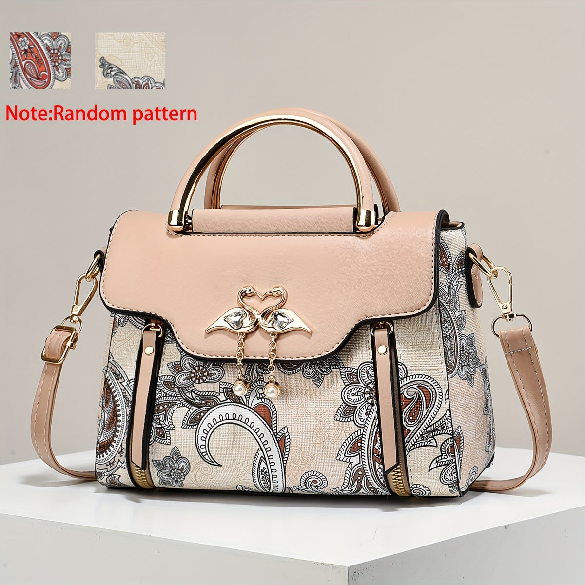Elegant Floral Print Women'S Crossbody Bag with Magnetic Closure, Adjustable Strap, and Metal Swan Heart Charm, Synthetic Faux Leather Shoulder Purse with Polyester Lining and Painted Edges, Ladies Bag
