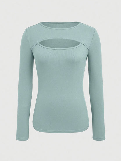 1pc Essence Women'S Elegant Ribbed Long Sleeve T-Shirt, Polyester and Spandex Blend, Hollow-Out Detail, Solid Color, Crew Neck, Regular Length, Knitted Fabric - Autumn/Winter Collection