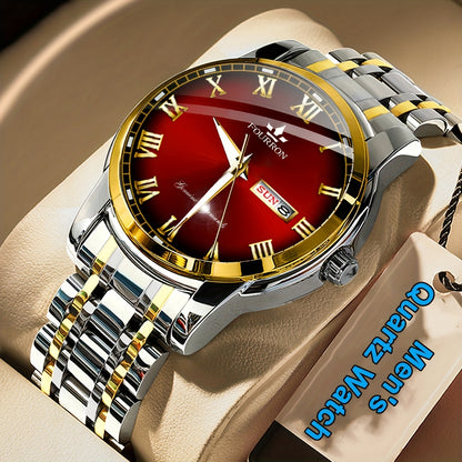 FOURRON Men'S Quartz Watch - Stainless Steel Band, Roman Numerals, Luminous, Waterproof, Ideal for Birthday & Holiday Gifts