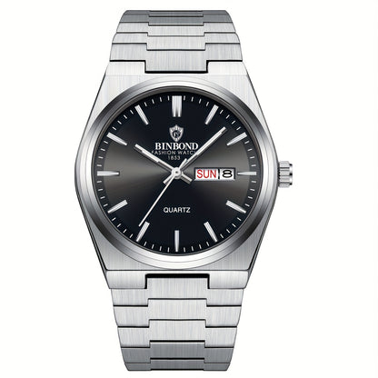 BINBOND Fashion Solid Stainless Steel Buckle Men's Business Casual Quartz Watch Thin Double Calendar Men's Watch