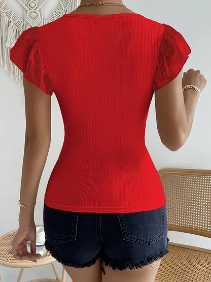 Women's V-Neck Lace Sleeve Top - Middle Eastern-Inspired Breathable Stretchy T-Shirt, Solid Blue Machine Washable Spring/Summer Casual & Formal Wear, Summer Outfit, Feminine Style, Comfortable Fit, Stylish Blouse, Summer Ward