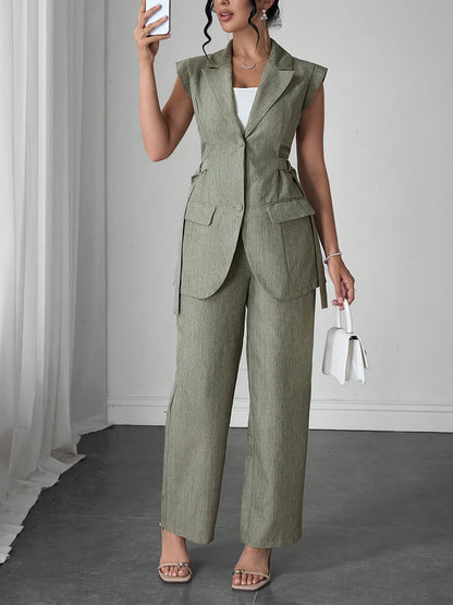 Stylish Women's Elegant Modern Side-Tie Design Two-Piece Spring/Summer Solid Color Sleeveless Jacket and Pants Set
