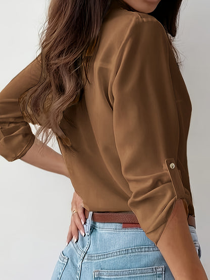 Elegant Solid Color Women's Shirt - Polyester, Button-Up, Non-Sheer, Machine Washable for Spring/Autumn