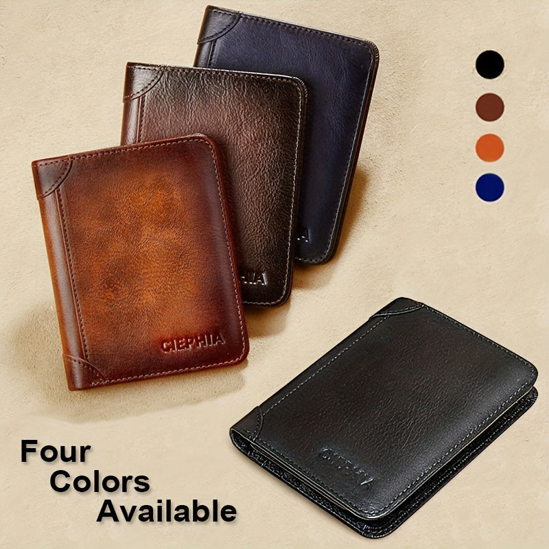 1pc CIEPHIA Vintage Genuine Leather RFID Blocking Wallet for Men - Slim, Multi-Functional ID & Credit Card Holder, Deep Brown with Embossed Logo, Ideal Gift for Valentine's Day