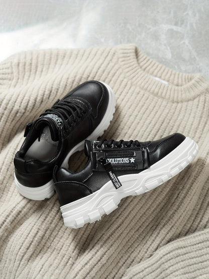 Women'S Breathable Knit Sneakers - Lightweight Thick Sole Casual Walking Shoes in White & Black, Synthetic Cover Upper with Rubber Outsole, Lace-Up Low-Top Design for Indoor/Outdoor, Travel, Beach & Shopping - Cute Gift for M