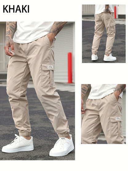 1pc Men'S Casual Polyester Cargo Pants - Mid Waist Elastic Joggers with Multiple Pockets, Non-Stretch Solid Color, Regular Fit for Weekend Wear - Spring/Fall Fashion Trousers