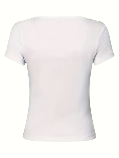 Women'S Elegant Button Front T-Shirt - Golden Button Detail, Breathable Short Sleeve Round Neck Top, Lightweight Fabric, Comfortable Fit, Machine Washable for Office & Date Night Decor, Casual Fashion Wear, Versatile Women'S