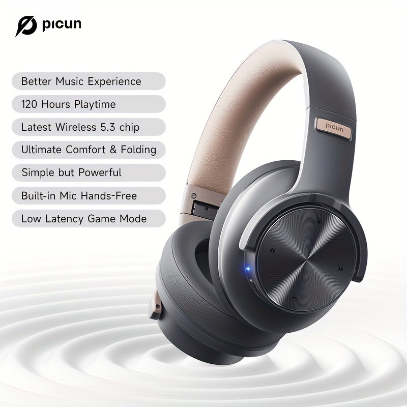 Picun B8 Wireless Gaming Headphones with 120H Playtime, 3 EQ Customization & Game Mode, Noise Isolation, Foldable Over-Ear Design, Wireless, USB-C Charging, Built-in Mic for PC/Laptop/Phone/Travel (Black), Wireless Gaming Hea